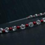 Wedding Headband - Red Pearls And Rhinestone -..