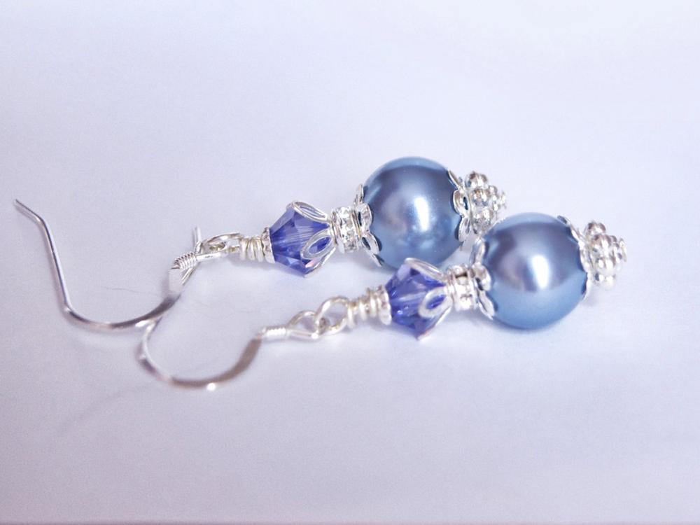 Tanzanite And Blue Vintage Earrings For Bridesmaids Or Gift, Drop Pearl Earrings In Purple