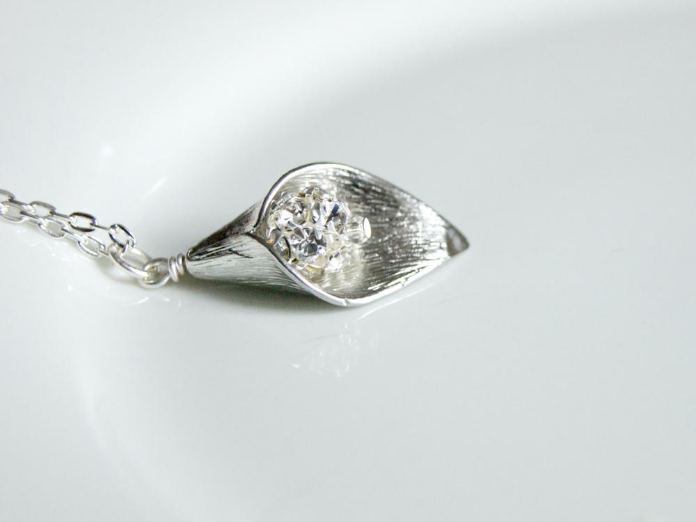 Bridal Necklace - Wedding Jewelry Rhinestone Silver Calla Lily Pendant - Idea For Bridesmaids