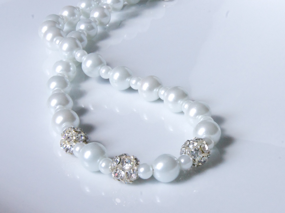 Pearl Necklace - Wedding, Bridal White Necklace Accented With Rhinestone Fireballs