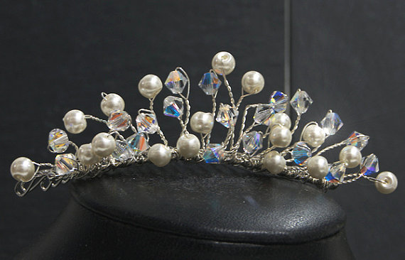 Tiara Comb - Bridal Hair Accessories - Clear Ab Swarovski Crystals And Ivory Pearls