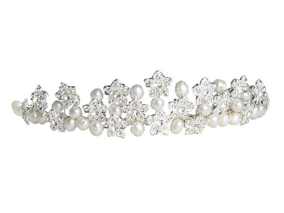 Pearl Tiara - Wedding Tiaras - Bridal Head Piece With Freshwater Pearls And Silver Diamante Flowers