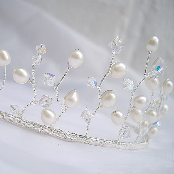 Bridal Hair Accessories - Wedding Tiara Freshwater Pearls And Swarovski Crystals - Twisted Silver Wire