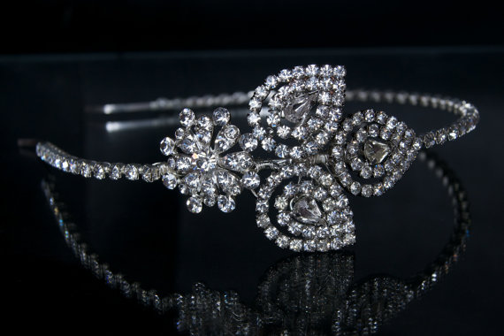 Side Tiara / Wedding Headband / Wedding Tiara - Diamantes/rhinestone Leaf Design