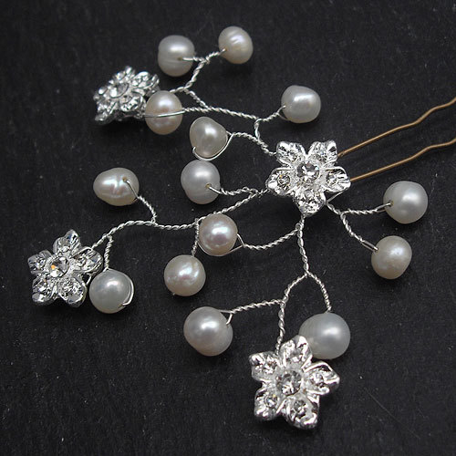 Wedding Hair Accessories - Freshwater Pearls And Rhinestone Flowers Hair Pins
