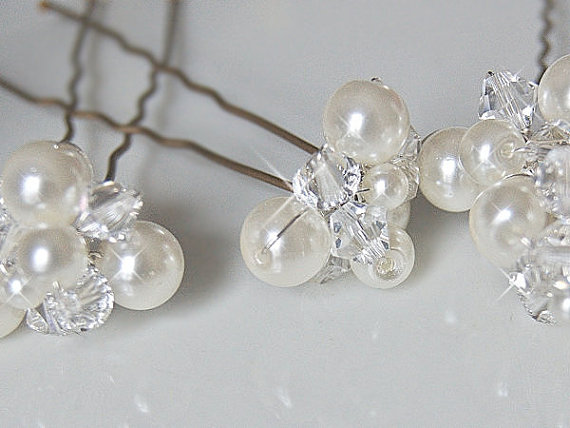 Wedding Hair Accessories, Bridal Hair Pins - Crystal And Pearl Clusters