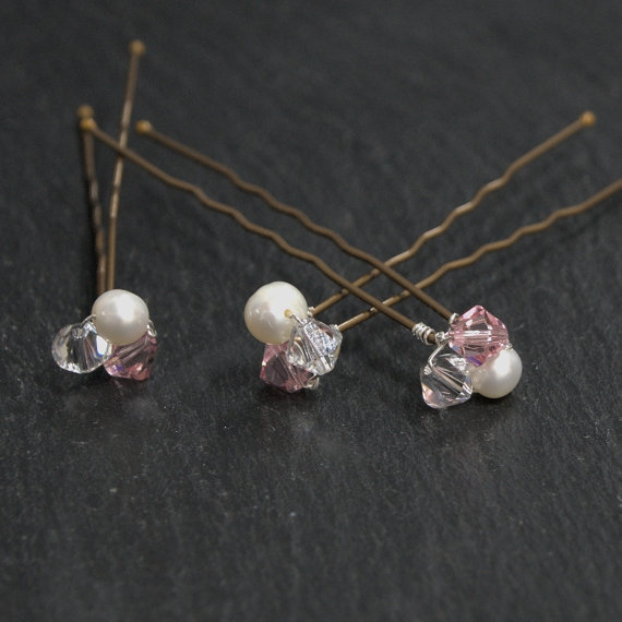 Pink Wedding Hair Accessories, Swarovski Crystals And Freshwater Pearls Hair Pins For Wedding Or Prom