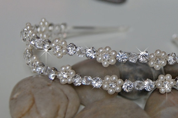 Double Wedding Headband, Bridal Headbands - Rhinestones And Pearl Flowers, Wedding Hair Accessories