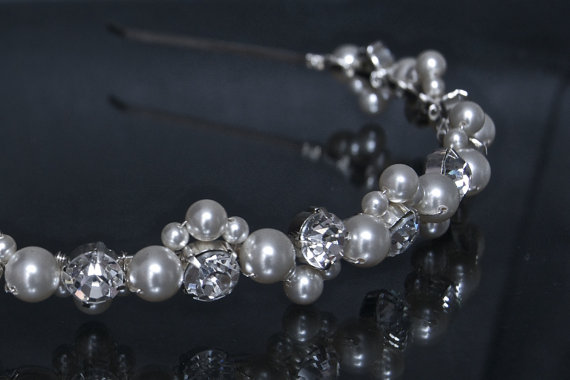 Pearl Headband / Diamante Stones And Pearls, Wedding Hair Accessories - Rhinestone Headband With Ivory Pearls