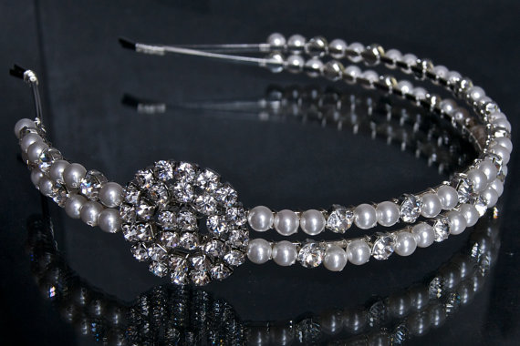 Side Tiara / Wedding Headband - Bridal Hair Accessories - Double Band Pearl And Diamante / Rhinestone
