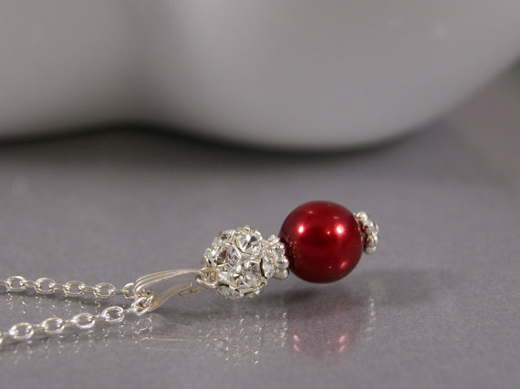 Red Pendant - Pearl And Rhinestone Crystal Bridesmaid Jewelry - Red Wedding Jewellery